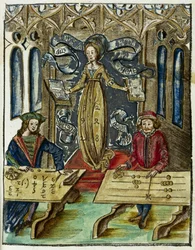 Matematikai műszerek a 16. században: Pitagorasz (i.e. 580-500) és Boetius (480-524) versengés a számítási sebességért, Pythagoras a számlálótábláját (abakusz), Boetius pedig algoritmusokat használ