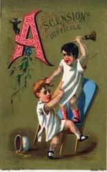A betű: Nehéz emelkedés. "Alphabet des grotesques" metszet. 25 reklámkromolitográfiát tartalmazó sorozat dore alapon, 19. század vége. Mérete: 11x7 cm