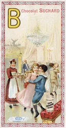 B betű: bál, erkély, italok, gyertyák, szobalány, pad. Az ábécé metszetét Chocolat Suchard szerkesztette, a XX. század eleje. 24 kromolitográfia, amelyek a képen felfedezendő helyeket, karaktereket és tárgyakat ábrázolják. Mérete: 105x55 mm