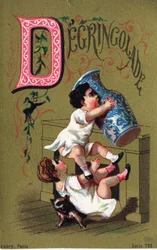 D betű: Degringolade. "Alphabet des grotesques" metszet. 25 reklámkromolitográfiát tartalmazó sorozat dore alapon, 19. század vége. Mérete: 11x7 cm