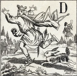 D betű: Dagobert királyt egy nyúl üldözi. Gravírozás "ABC Les Images en Alphabet"-ben. Epinális képalkotás. Pellerin és Cie, nyomdász-kiadó, Epinal, 19. század vége, 1890 körül. 10 oldal. Mérete: 19,5 x 13,5 cm