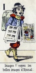 I. levél: "Képek!! lásd az Epinal gyönyörű képeit". Ábécé "Gyermekek szórakozása". Az Epinal képalkotása, 1890 körül. Népszerű sorozat. 8 oldalas kis füzet. Sablonos fametszetek a kis utcai metrók és a párizsi kiáltások témájában