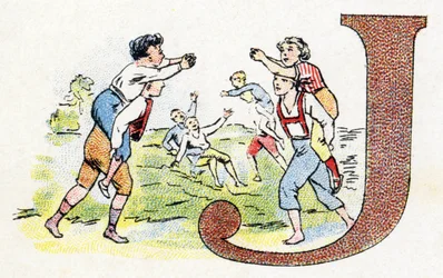 J betű: Játék. Phosphatine Falieres ábécéje. Metszés. Brevete ábécé S.G.D.G. Pierre Emile Falieres gyógyszerésztől. Kromolitográfiai illusztrációk, 19. század vége. 16 oldal. Mérete: 103x154 mm