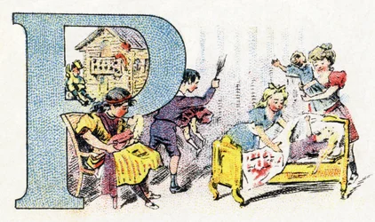 P betű: Polichinelle baba. Phosphatine Falieres ábécéje. Metszés. Brevete ábécé S.G.D.G. Pierre Emile Falieres gyógyszerésztől. Kromolitográfiai illusztrációk, 19. század vége. 16 oldal. Mérete: 103x154 mm