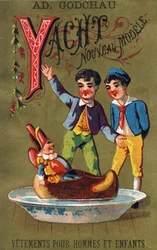 Y betű: Yacht új modell. "Alphabet des grotesques" metszet. 25 reklámkromolitográfiát tartalmazó sorozat dore alapon, 19. század vége. Mérete: 11x7 cm