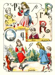 A P Q és R betűk félelmetesek, nevetés és quadrille. Metszet "Mókás ábécé"-ben. Pont-a-Mousson képalkotása. Nyomtatás és kiadás Louis Vagne, 19. század vége