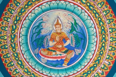 Buddha élete. Mennyezeti alkotás, amely Buddha életét ábrázolja. Wat Inpeng. Vientiane. Laosz, 20151029, Vientiane, Laosz