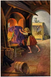 Irodalom. Tündérmese. Hansel és Gretel és a boszorkány. Otto Kubel illusztrációja a Grimm testvérek meséjéhez. Képeslap, Németország, 1900 körül (képeslap)