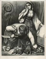A kis Pouket és testvérei könyörögtek az ogrének, hogy ne ölje meg őket Gustave Dore (1832-1883) metszete Charles Perrault „” Les Tales” (1628-1703) című művéből