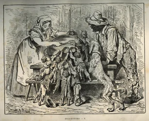 A kis Poulet és éhes testvérei. Gustave Dore (1832-1883) metszete Charles Perrault (1628-1703) „Les contes” című könyvéből