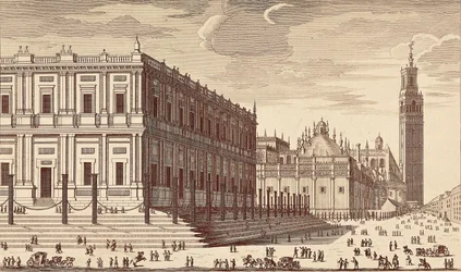 Lonja de Comercio ("Kereskedelmi épület") és a sevillai katedrális részleges kilátása. Metszet. SPANYOLORSZÁG. MADRID (AUTONÓM KÖZÖSSÉG). Madrid. Nemzeti Könyvtár