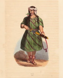 A karen törzs embere (Karene vagy Karyang) (Burma, Mianmar) - A dél-burmai karen (Karian) törzs embere - Kézzel színezett fametszet Auguste Wahlen, Jean Francois Nicol álnevének "Mores, Uses et Costumes de tous les Peoples du Monde, Asia" című művéből.