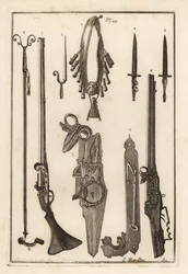 Matchlock muskéta, zár és szurony a Tower of Londonból 1-3, szurony 4, muskétatámasz és szurony 5, muskétatámasz 6, páncélosok és poros palack 7, kerékzár 8, 9 és villáskulcs 10