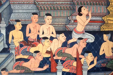 Szerzetesek. A Ramakient ábrázoló falfestmény a Vihara belső falain III. Rama király korából. Wat Pho - Wat Phra Chetuphon. 1788. Bangkok. Thaiföld