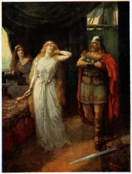 Zene. Opera. Trisztán és Izolda. Illusztráció Ferdinand Leeke operához: Tristan und Isolde, Richard Wagner (1865), Németország, 1910 körül (képeslap)