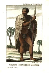 Dél-Afrika nemes namaqua embere. Szőrme köpenyt és pólyát visel, kezében lándzsával.Francois Le Vaillant-tól (Levaillant).