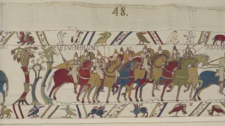 A Hastingst elhagyó normann katonák Harolddal harcolni, Bayeux Tapestry (gyapjú hímzés vászonon)