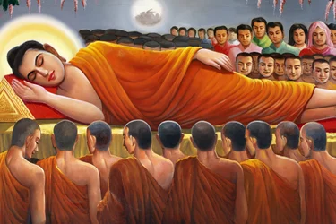 Festmény, amely egy fekvő Buddhát ábrázol a Wat Toul Tompong Phnom Penh Cambodge-ban