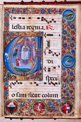 Piccolomini Könyvtár: Kóruskönyv, cod. 15.Q., ff. 64r a „Szűz mennybemenetelével”, Guidoccio Cozzarelli és Bernardino Cignoni.