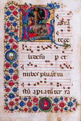 Piccolomini Könyvtár: kóruskönyv, cod. 18.3, ff. 45v „Keresztelő Szent János prédikációjával”, Girolamo da Cremona.