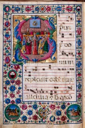 Piccolomini Könyvtár: kóruskönyv, cod. 23,8, ff. 100V a „The Pentecost”-val, Girolamo da Cremona.