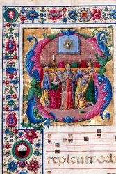 Piccolomini Könyvtár: kóruskönyv, cod. 23,8, ff. 100v a „The Pentecost”-val, Girolamo da Cremona. Részlet.