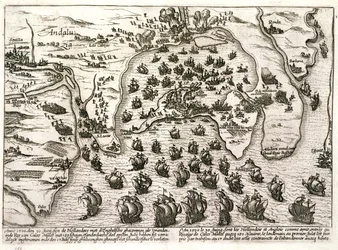 Cadizi kikötő terve 1596-ban, Sir Walter Raleigh támadása idején (metszet)