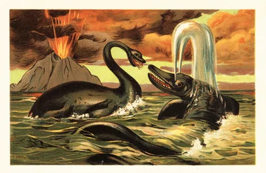 A Plesiosaurus és az Ichthyosaurus egy 1908-as kitörés előtt harcol (litográfia)