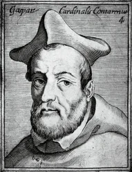 Gasparo Contarini (1483-1542), olasz bíboros és püspök portréja, metszet az Illustrissimorum, omnique virtutis, et scientiarum laude praestantissimoru virorum icones című kötetből, készítette Claudius Pernetus.
