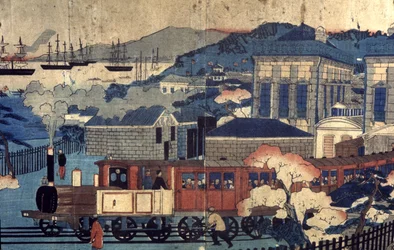 Vasút egy japán kikötőben, 19. század vége (metszet)