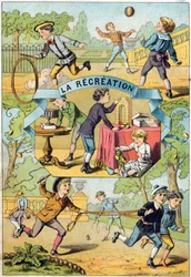 Pihenés az iskola udvarán. Metszet „Alphabet des petits ecoliers” felirattal. Az Epinal képalkotása, 1885 körül. Privee Collection