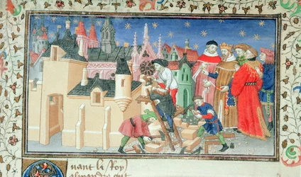 Roy 20 BXX f.82 Nagy Sándor várost épít Bucephalus emlékműve a „Historia de Procliis”-ből (vellum)