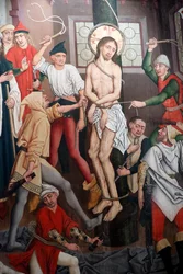 Saint-Pierre le Vieux katolikus templom, Krisztus szenvedésében, A zászlózás, Henri Lutzelman festménye 15. század, Strasbourg, Franciaország. (fénykép)
