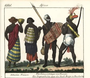 Shoua nők egy csecsemővel, egy lándzsával és egy íjásszal a Kanem Birodalomból (Csád és Líbia). A könyv litográfiája: Friedrich Wilhelm Goedsche (1785-1863) "Galerie complete en tableaux fideles des peuples d