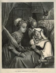 Csipkerózsika: a hercegnő felfedez egy öregasszonyt, aki gyapjút fon. Gustave Dore (1832-1883) metszete Charles Perrault (1628-1703) „Les contes” című könyvéből