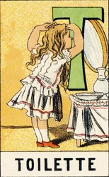 T: WC - Kislányok ABCD gravírozása. Pellerin & Cie, nyomda-kiadó, Epinal, 1890 körül. Serie A. Méretek: 19 x 13,5 cm.