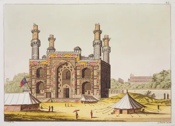 Akbar mogul császár sírja Jules Ferrario "Le Costume Ancien et Moderne" című művéből, 1820 körül (színes metszet)