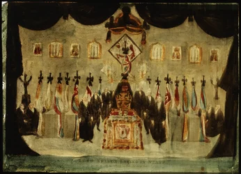 Horatio Nelson (1758-1805) holtteste a greenwichi egykori Royal Naval College Painted Halljában nyugszik a temetés harmadik napján; a koporsót borító fekete leplet eltávolítják, és feketébe öltözött őrök állnak kétoldalt