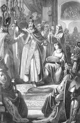 I. Habsburg Rudolf (1218-1291) római királlyá koronázása 1273. október 24-én az aacheni székesegyházban, Németországban (I. Németországi Rudolfot 1273. október 24-én megkoronázzák az aacheni székesegyházban). Metszet Rotteck „Bilder-Gallerie zur allgem“