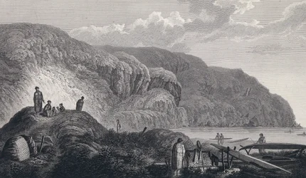 Oonalashka (vagy Unalaska, Alaszka, Egyesült Államok) lakói és lakóhelyük. Metszet a 18. század végén, John Webber (1751-1793) nyomán.
