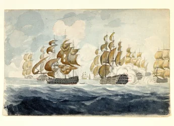 Alexander Hood, Bridport vikomt (1726-1814) haditengerészeti manővere a franciaországi Lorient partjainál, az Île de Groix-i csata során (1795). Akvarell