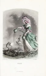 A mákdíjas ópiumgubót szór a koleopterekre és a sáskák drogjára - Eau forte Charles Geoffroy (1819-1882), Jean Ignace Isidore Gerard dit J.J.Granville (1803-1847) illusztrációja alapján, a Les fleurs animees című könyvhöz.