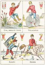 U V X Y Z; U: Egy, kettő és három; V: Velocipede; X: sherry; Z: Zephir – Játékábécé, 1890 körül (metszet)