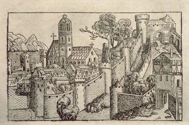 Alexandria ókori városának képe H. Schedel „Liber Chronicarum” című metszetkönyvéből