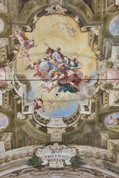 Kilátás a boltozatra a Teatini szoba freskóival, Chiesa di San Vincenzo, Piacenza, Emilia-Romagna, Olaszország (fotó)