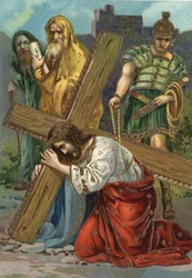 Keresztút - Via crucis - A keresztút állomásai: Hetedik állomás, Jézus másodszor esik el. Kromolitográfia. Magángyűjtemény