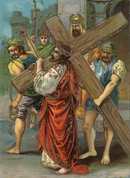 Keresztút - Via Crucis - A keresztút állomásai: második állomás, Jézus viszi a keresztjét. Kromolitográfia. Magángyűjtemény