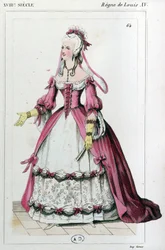 Nő olyan ruhában, mint amilyet Mme de Pompadour viselt, 1810 körül (metszet)