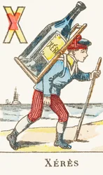 X : Xeres, egy fiú egy nagy üveg bort tart a hátán - Játékok ábécéje, 1890 körül (metszet)
