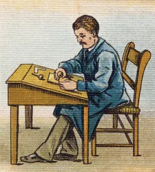 Xilográfus a műtermében. Metszet "Alphabet de ma petite fille". Bernardin-Bechet és Fils, könyvkereskedő-kiadók, Párizs, 1895 körül. Törhetetlen album vásznon. Bibliotheque des Bebes. 12 oldal. Olvasási módszert és illusztrációt tartalmazó album